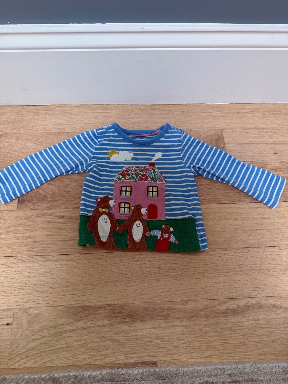 Boden Blue Striped Long Sleeve Top with Pink House & Bear Appliqués